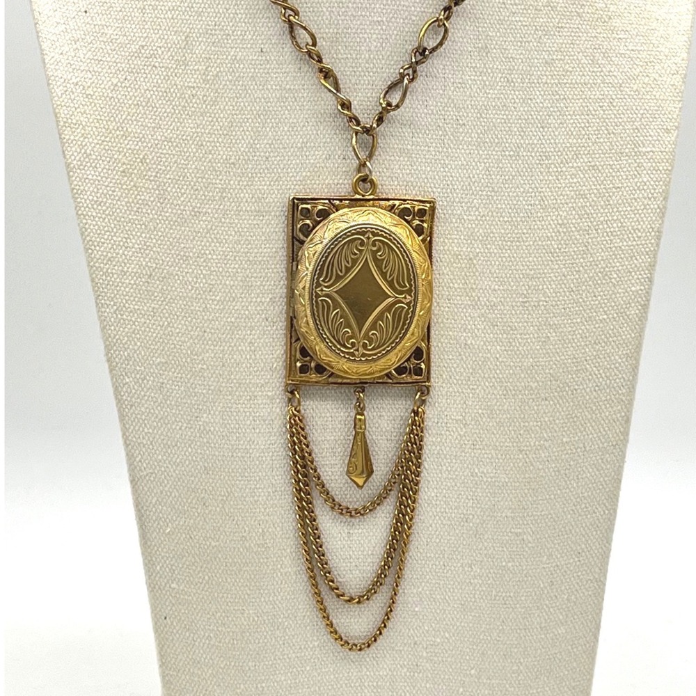 Vintage Gold Tone Filigree Locket Necklace Engraved Tassel Chain Statement 24in